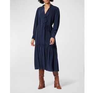 Joie Roussel Ruched Ruffle-Trim Silk Midi Dress